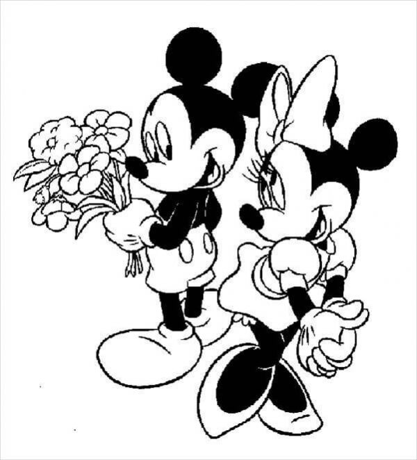 Dibujos de Mickey Mouse sosteniendo un ramo de Flores y Minnie Mouse para colorear