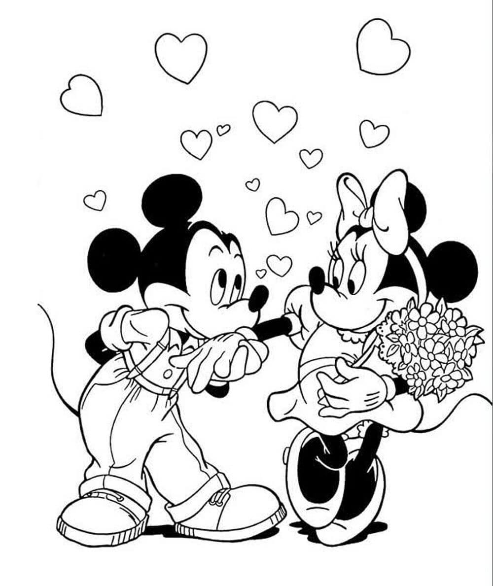 Dibujos de Mickey Mouse y Minnie Mouse Sonrientes sosteniendo un ramo de Flores para colorear