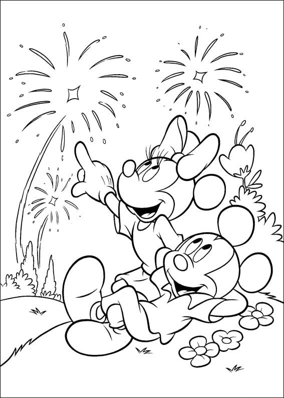 Dibujos de Mickey Mouse y Minnie Mouse Viendo Fuegos Artificiales para colorear