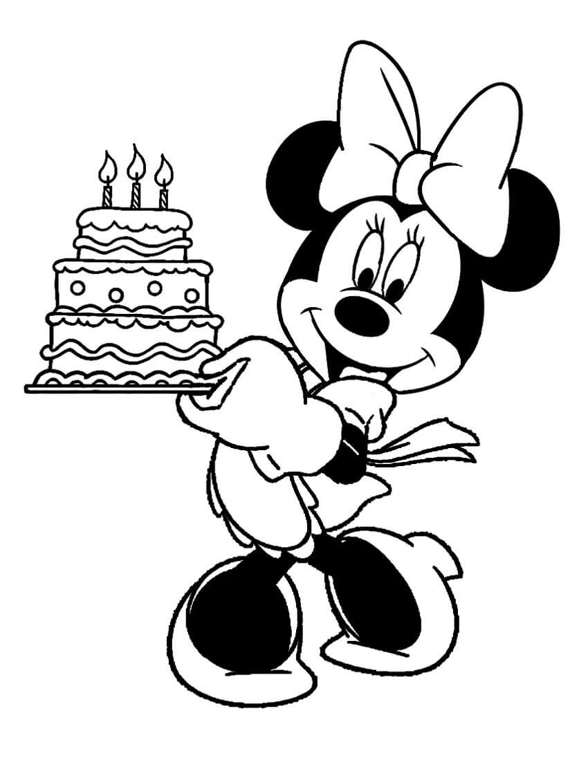 Dibujos de Minnie Mouse Divertida con pastel de Cumpleaños para colorear