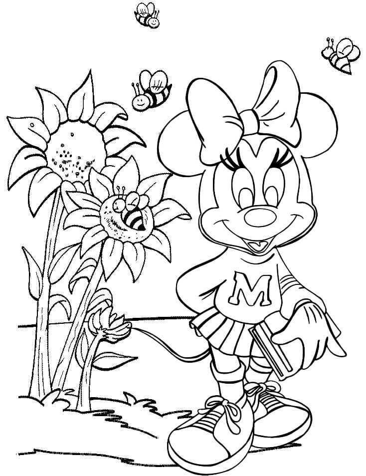 Dibujos de Minnie Mouse con Flor y Abejas para colorear