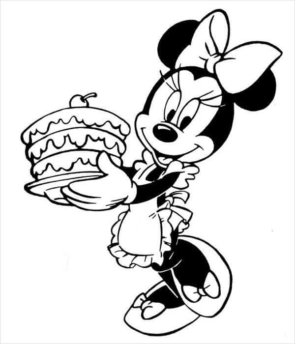 Dibujos de Minnie Mouse con Pastel de Cumpleaños para colorear