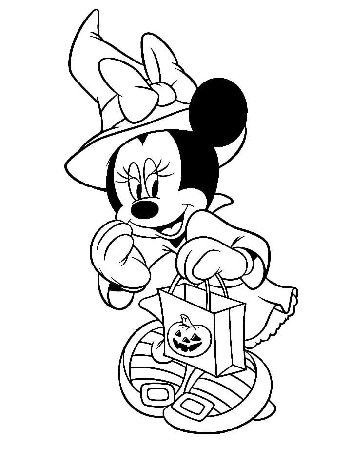 Dibujos de Minnie Mouse con sombrero de Bruja en Halloween para colorear