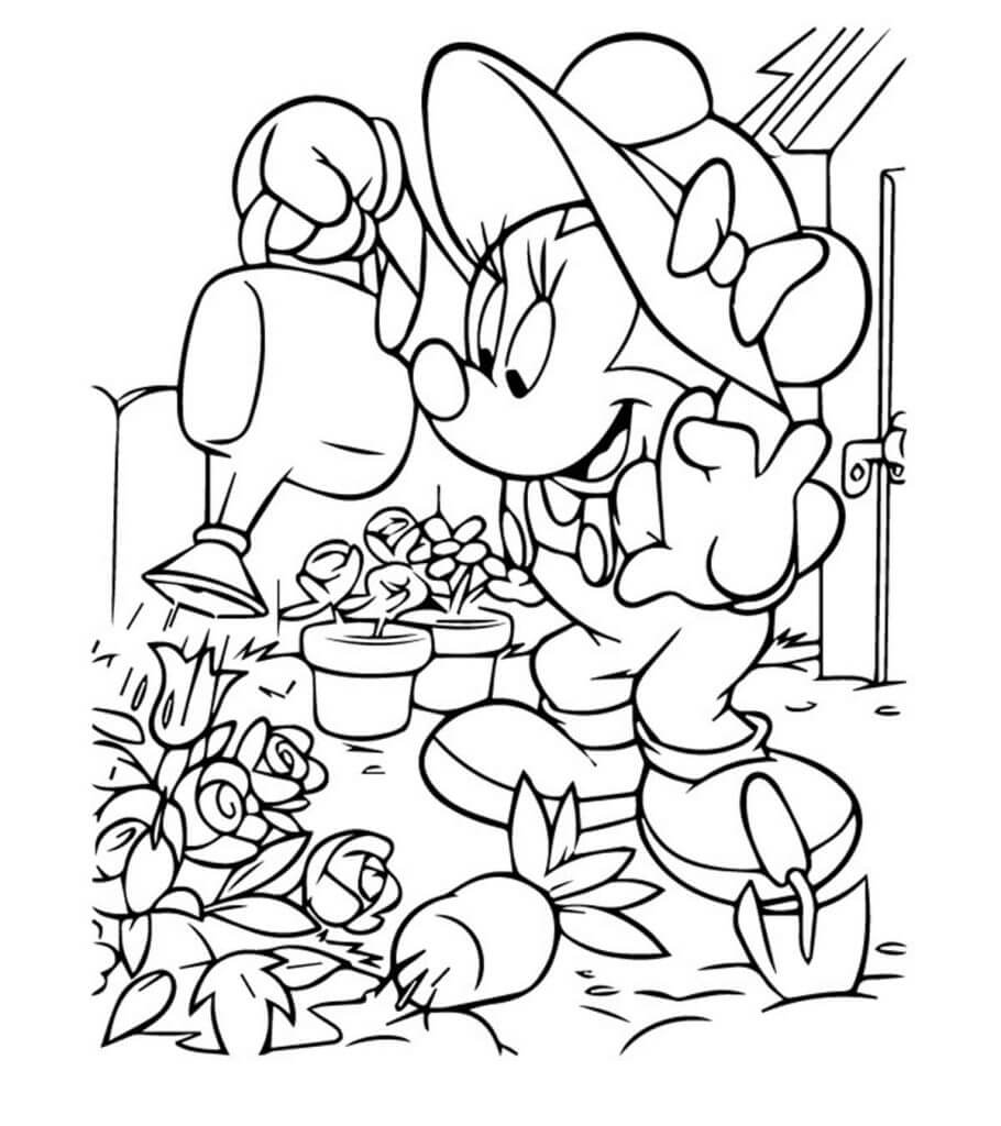 Dibujos de Minnie Mouse regando las Plantas para colorear