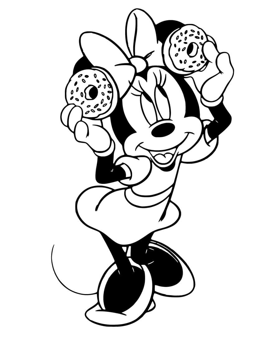 Dibujos de Minnie Mouse sosteniendo dos Donuts para colorear