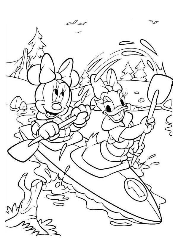 Dibujos de Minnie Mouse y Daisy Duck Remando en un Bote para colorear