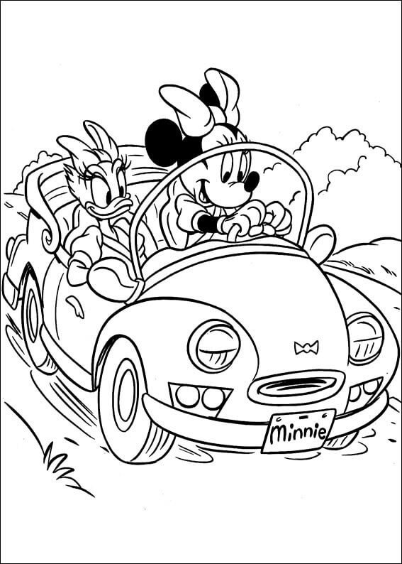 Dibujos de Minnie Mouse y Daisy Duck conduciendo un Coche para colorear
