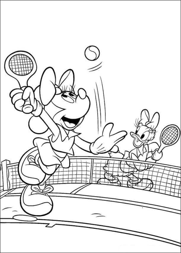 Dibujos de Minnie Mouse y Daisy Duck juegan al Tenis para colorear