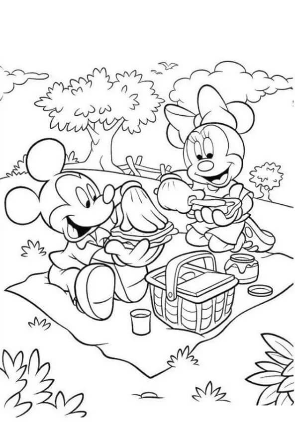 Dibujos de Minnie Mouse y Mickey en Picnic para colorear