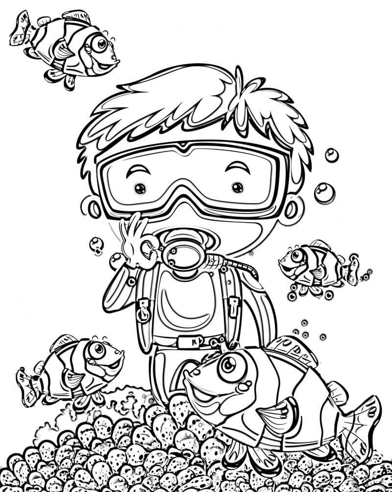 Dibujos de Mn Buceando Bajo el Agua con Muchos peces Payaso para colorear