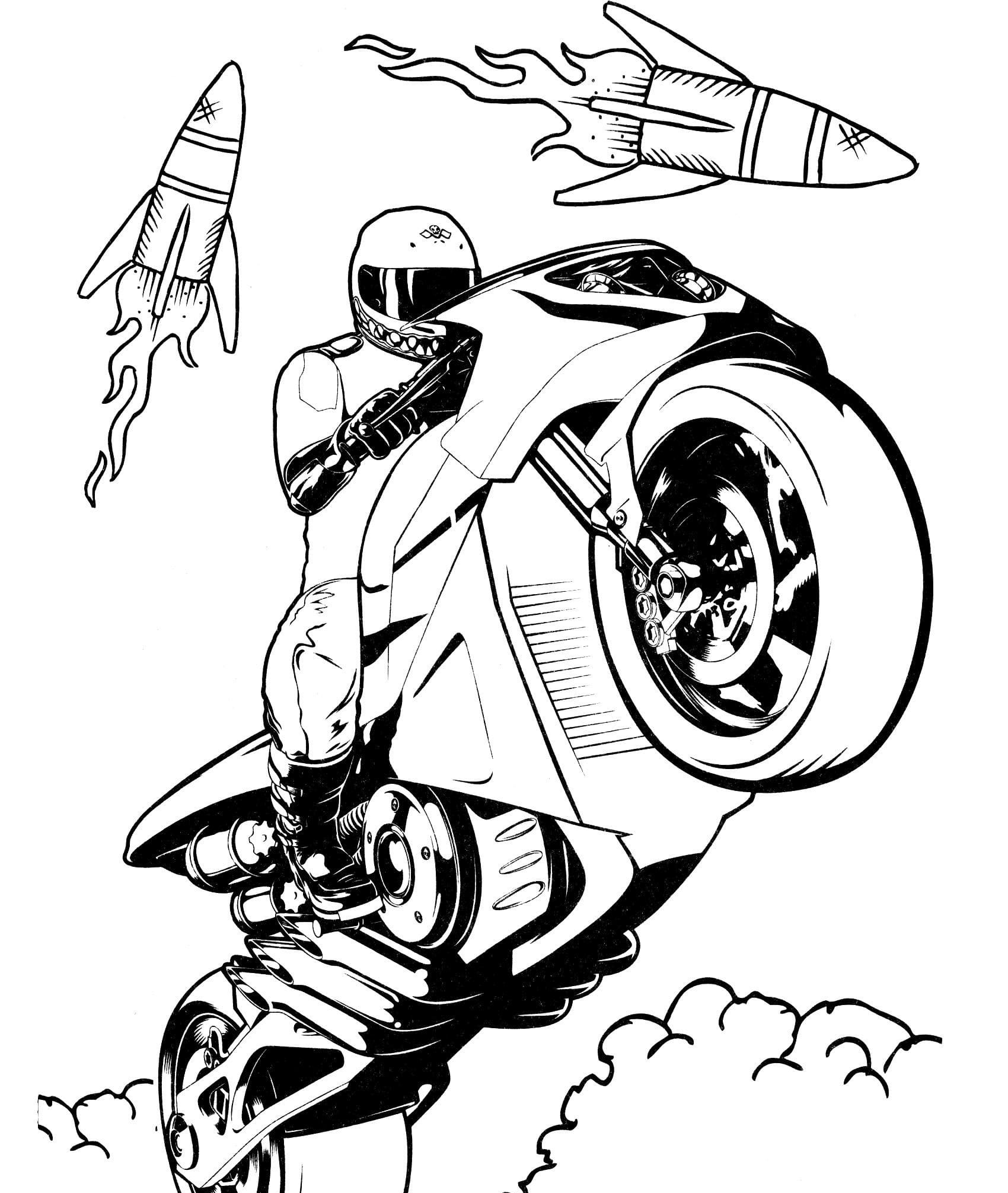 Dibujos de Motociclista en la Rueda Trasera Esquivando Cohetes para colorear