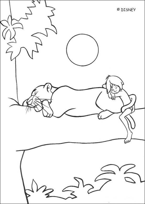 Mowgli con Bagheera Durmiendo para colorir