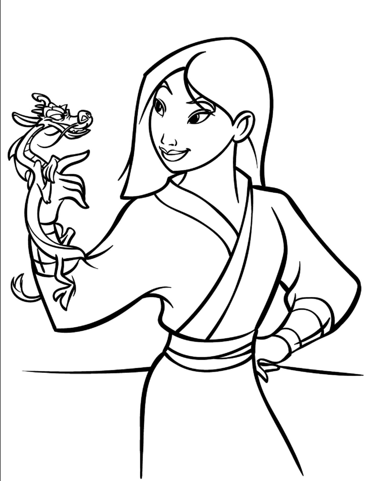 Dibujos de Mulan Sosteniendo Mushu para colorear