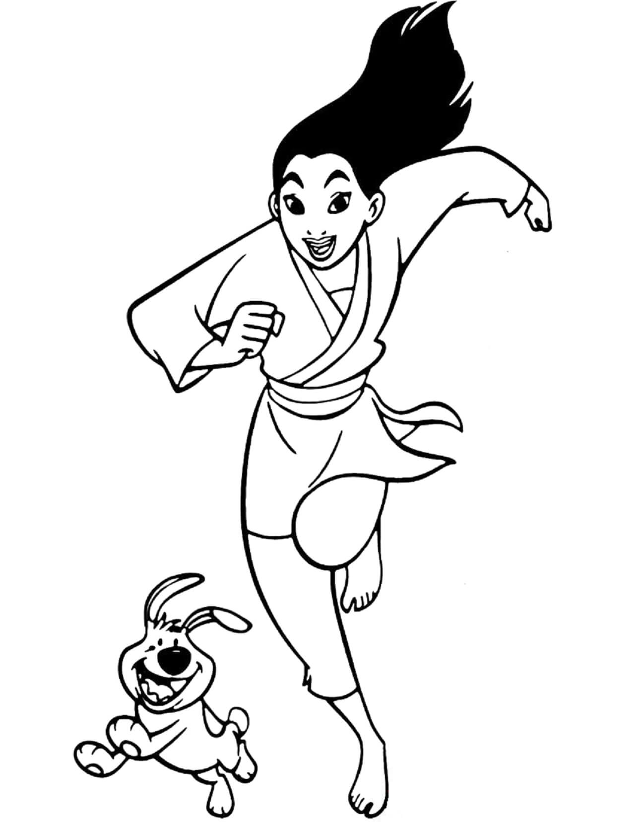 Dibujos de Mulan Y El Hermanito Corriendo para colorear