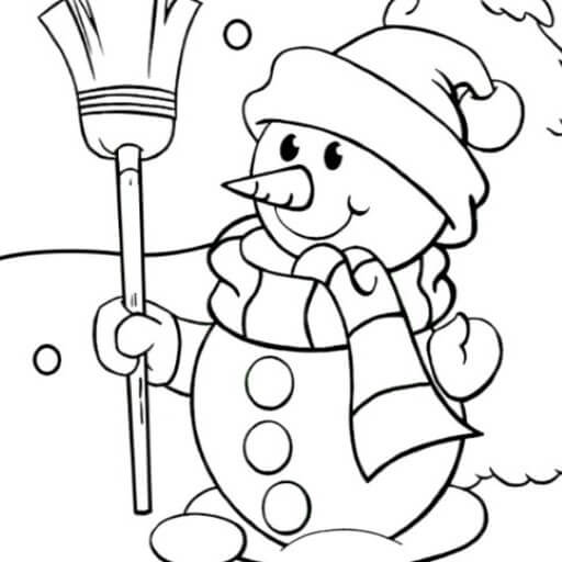 Dibujos de Muñeco de Nieve con Escoba para colorear