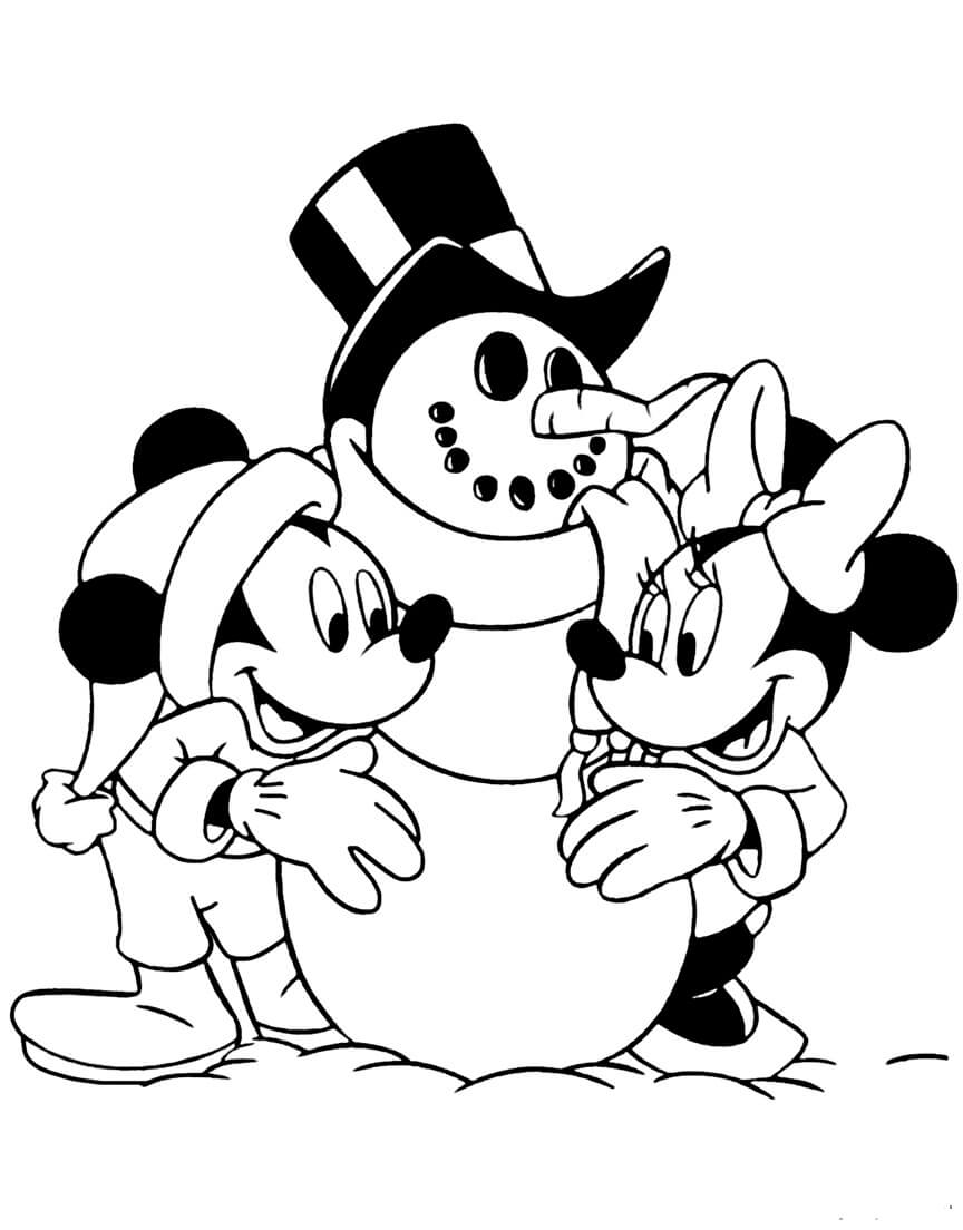 Dibujos de Muñeco de Nieve con Mickey y Minnies para colorear