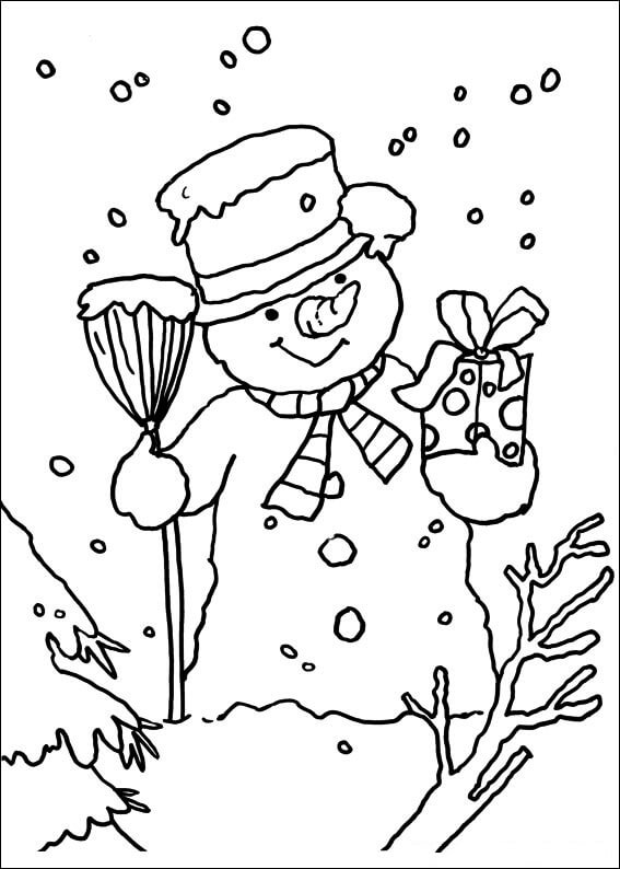 Dibujos de Muñeco de Nieve con Regalo para colorear