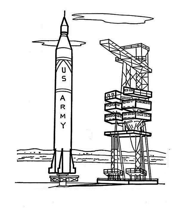 Dibujos de Nave Espacial Cerca De La Torre De Lanzamiento para colorear