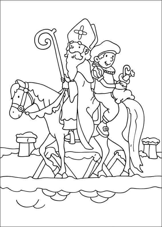Dibujos de Nikolaus y Black Pete Montando a Caballo para colorear