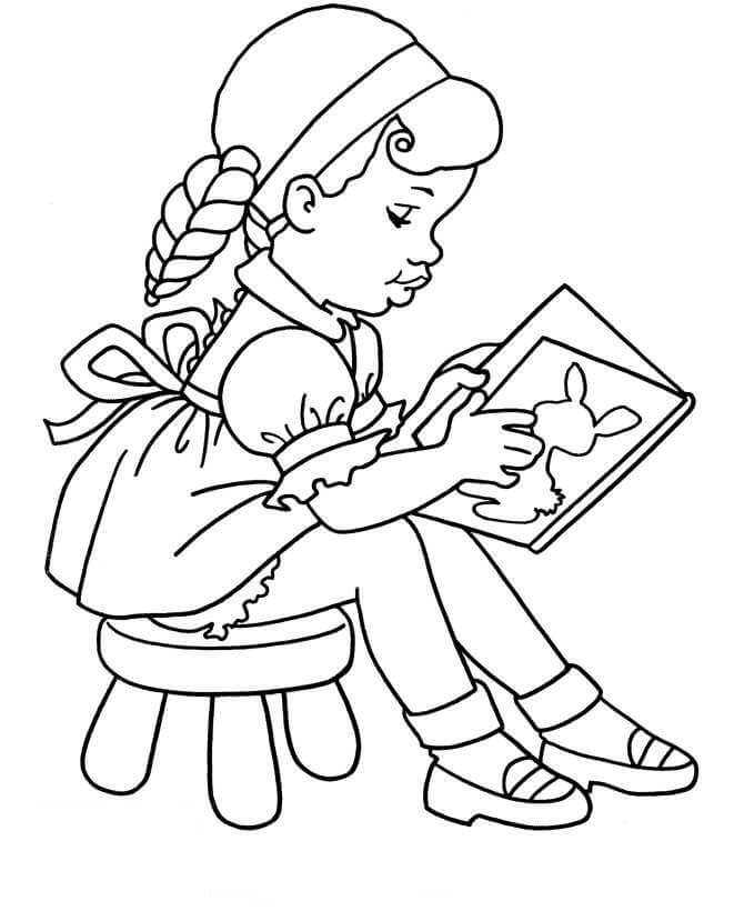 Niña Leyendo un Libro en la Escuela para colorir