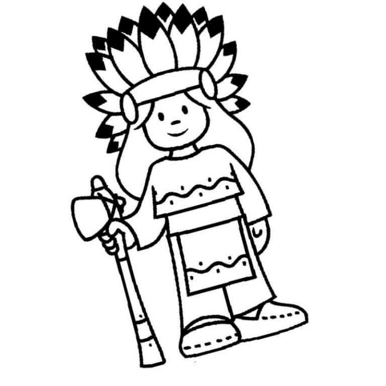 Dibujos de Niño Indio Con Un Tomahawk En Sus Manos para colorear