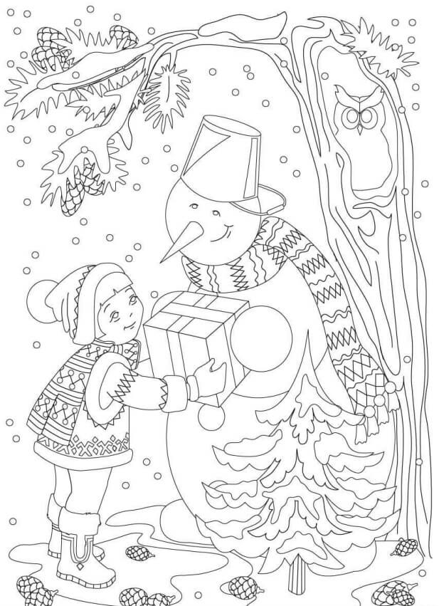 Niña con Muñeco de Nieve para colorir