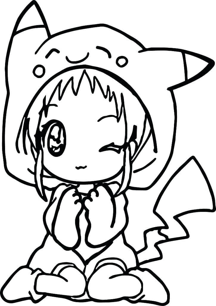 Dibujos de Niña con Sombrero de Pikachu para colorear