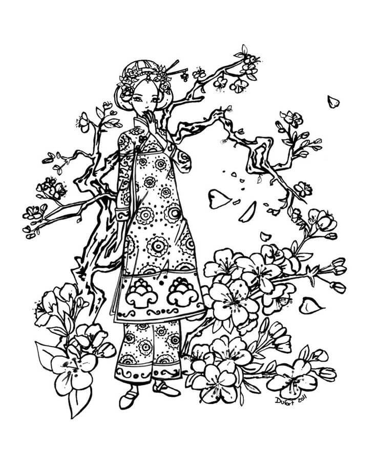 Dibujos de Niña y Flor de Cerezo para colorear