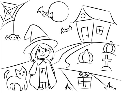 Dibujos de Niña y Gato en Halloween para colorear