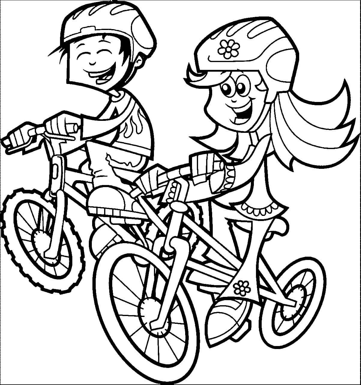 Niña y niño, Ciclismo para colorir