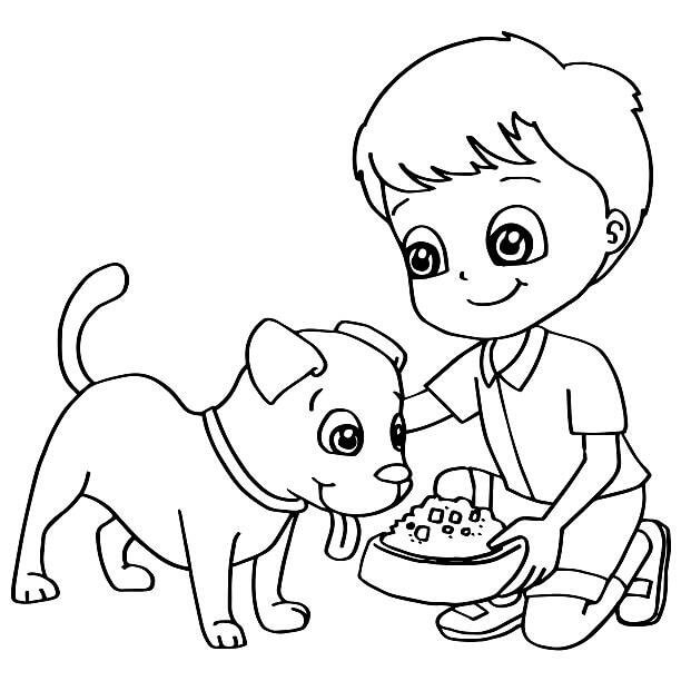 Dibujos de Niño Alimentando Perro para colorear