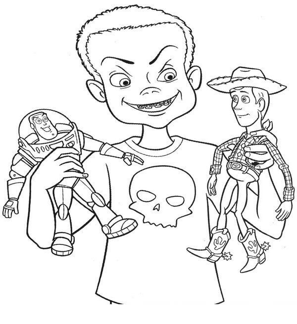 Niño Tenencia Buzz y Woody para colorir