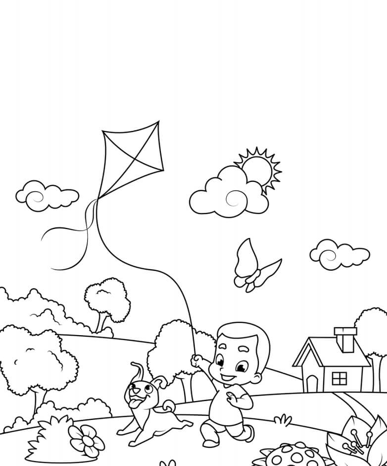 Dibujos de Niño Volando una Cometa con Mariposa para colorear