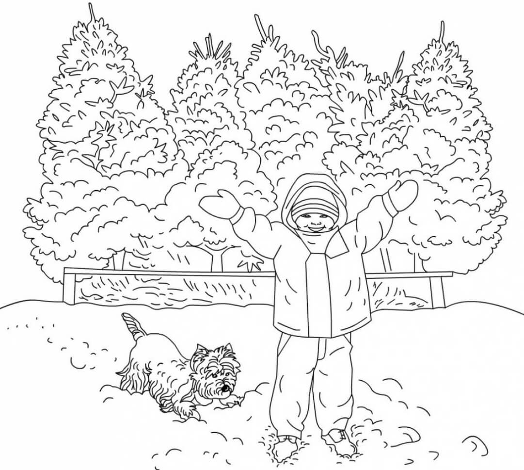 Dibujos de Niño con Escena de Invierno para colorear