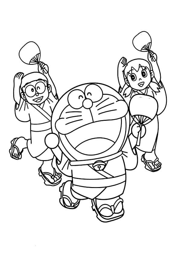 Nobita, Shizuka Y Doraemon Vistiendo Yukata Baile para colorir