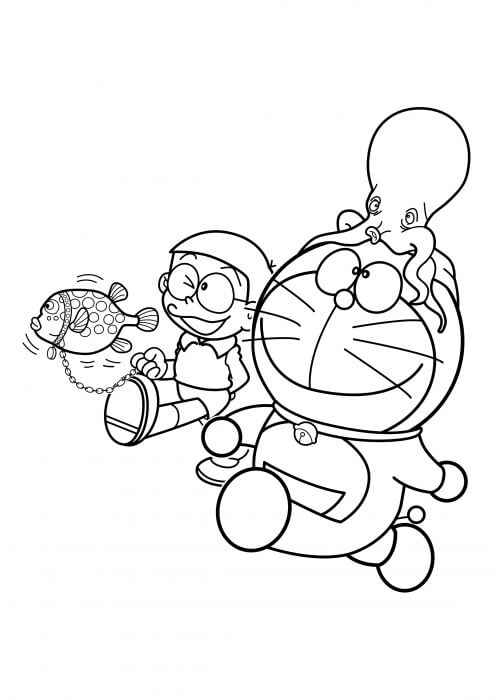 Dibujos de Nobita Y Doraemon Con Mascotas Marinas para colorear
