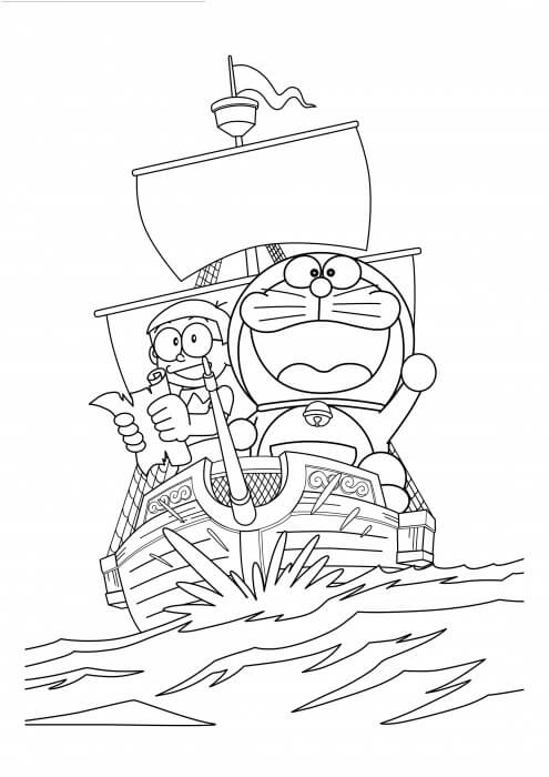 Nobita y Doraemon Navegan En El Barco para colorir