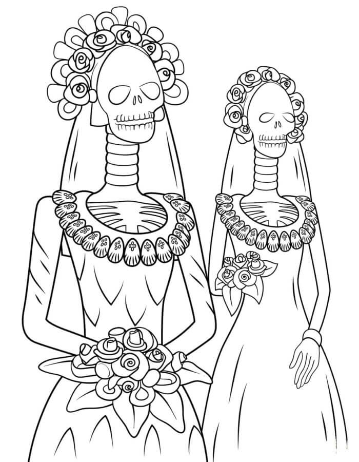 Novia De Dos Esqueletos En El Día De Los Muertos para colorir
