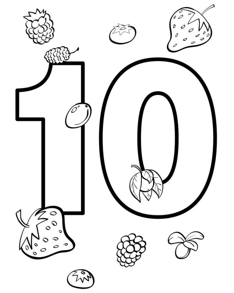 Número 10 y Frutas para colorir