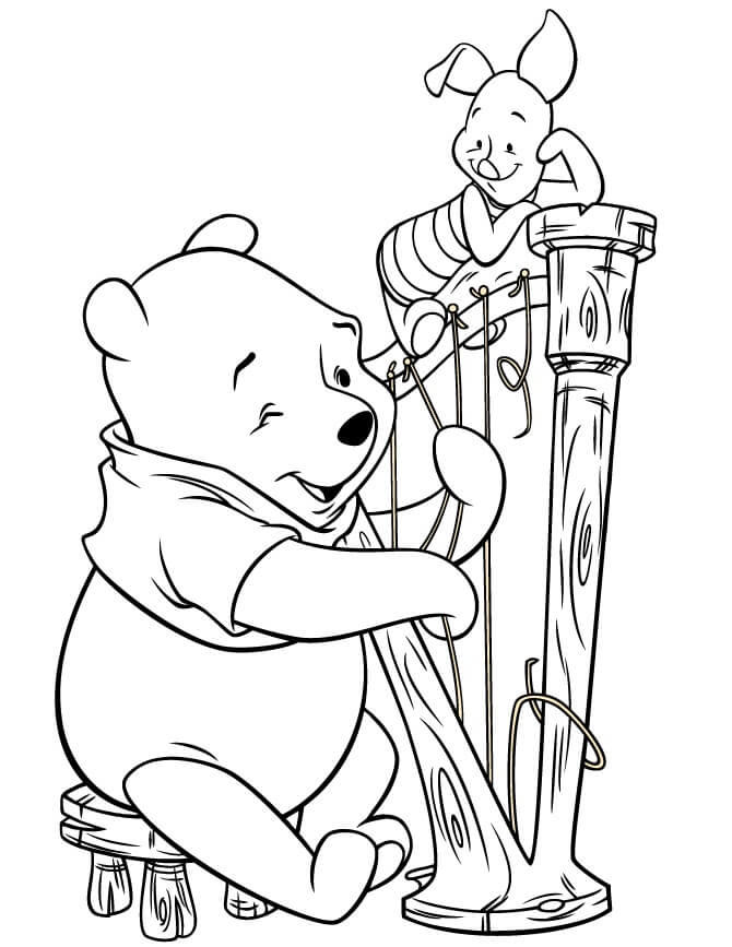 Dibujos de Oso Pooh y Lechón Tocando Instrumentos Musicales para colorear