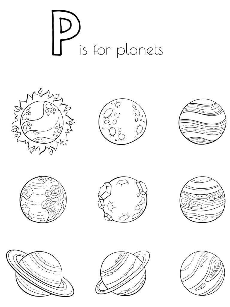 P es para Planetas para colorir