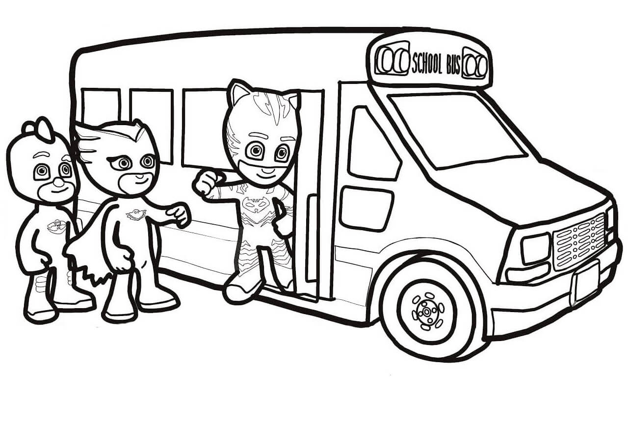 Dibujos de PJ Masks van al Autobús Escolar para colorear