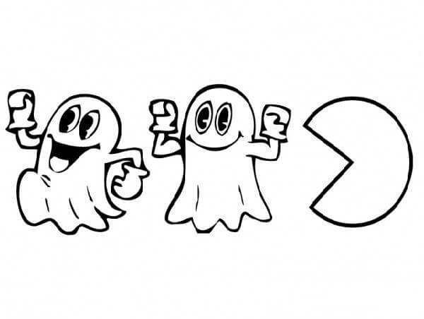 Dibujos de Pacman Comiendo Dos Fantasmas para colorear