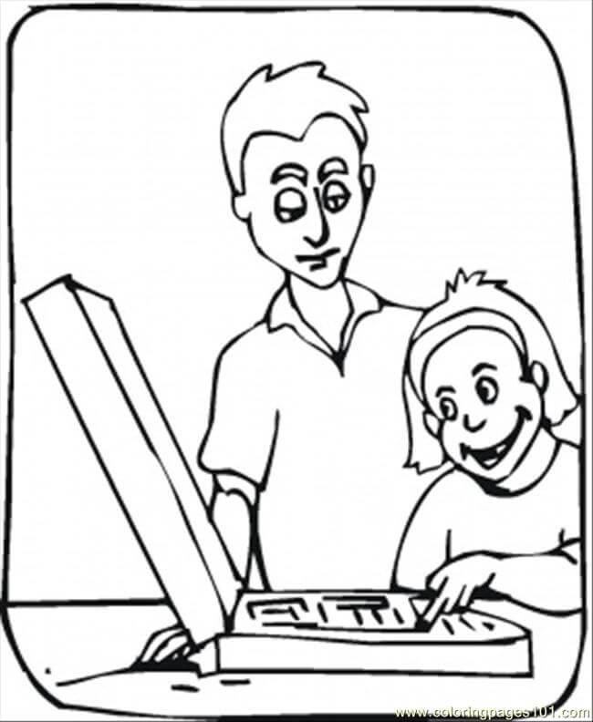 Dibujos de Padre Enseñando a su hijo a usar la Computadora Portátil para colorear