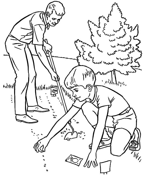 Padre e Hijo Plantando Semillas en el Jardín para colorir