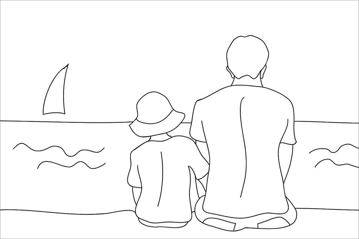 Dibujos de Padre e Hijo Sentado en Playa para colorear