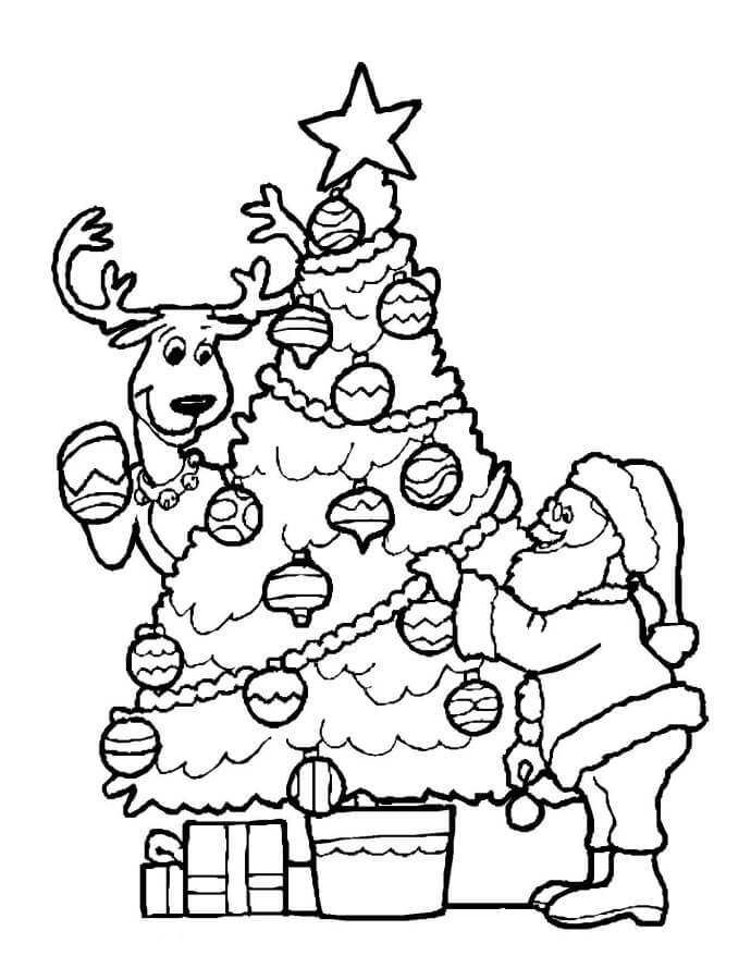 Dibujos de Papá Noel y Árbol de Navidad con Reno para colorear