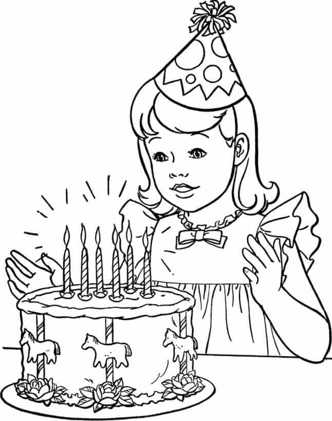 Dibujos de Pastel de Cumpleaños y Niña para colorear