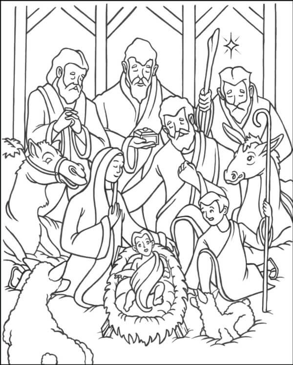 Dibujos de Pastores y Reyes Magos Vinieron a Adorar Al Jesús Nacido para colorear