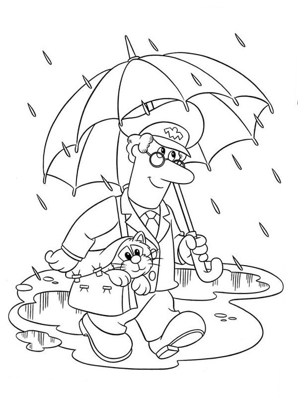 Dibujos de Pat el Cartero y su Gato Caminando Bajo la Lluvia para colorear
